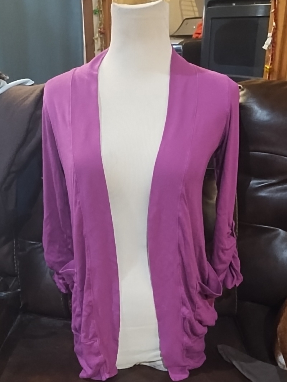 Splendid Open-Front Purple Cardigan with Gathered Pockets